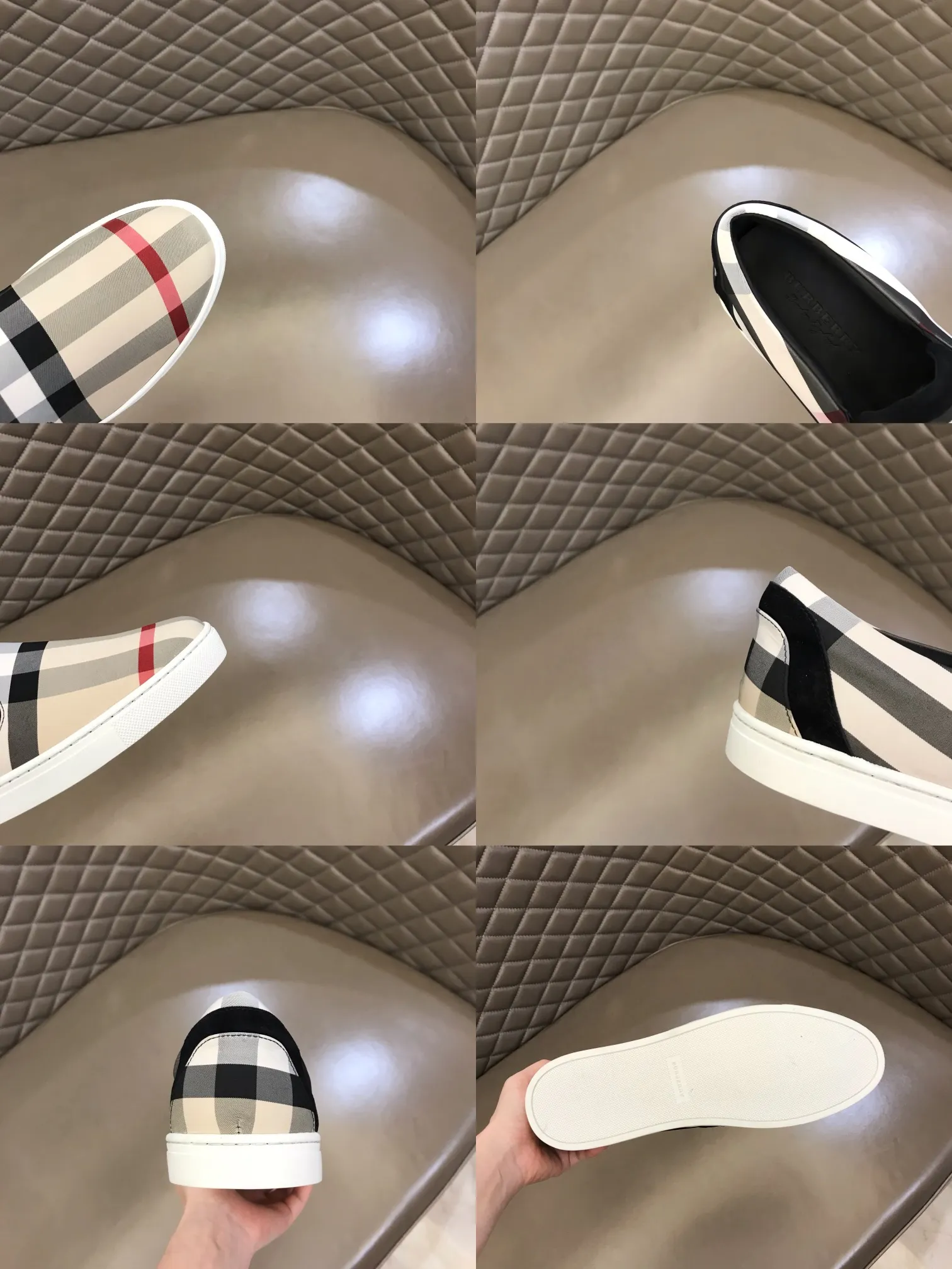 p340 "BURBERR*" men's classic low-top sneakers are reinterpreted in Vintage checkered cotton and matte calfskin, decorated with a new brand logo. First-layer sheepskin lining, embossed Burberry logo on the heel, and original TPU outsole! Size: 38-44